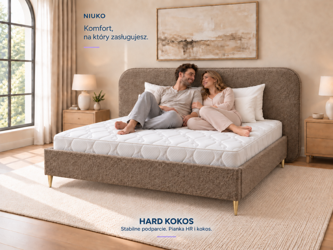 Materac HARD KOKOS na tapicerowanym łóżku w sypialni