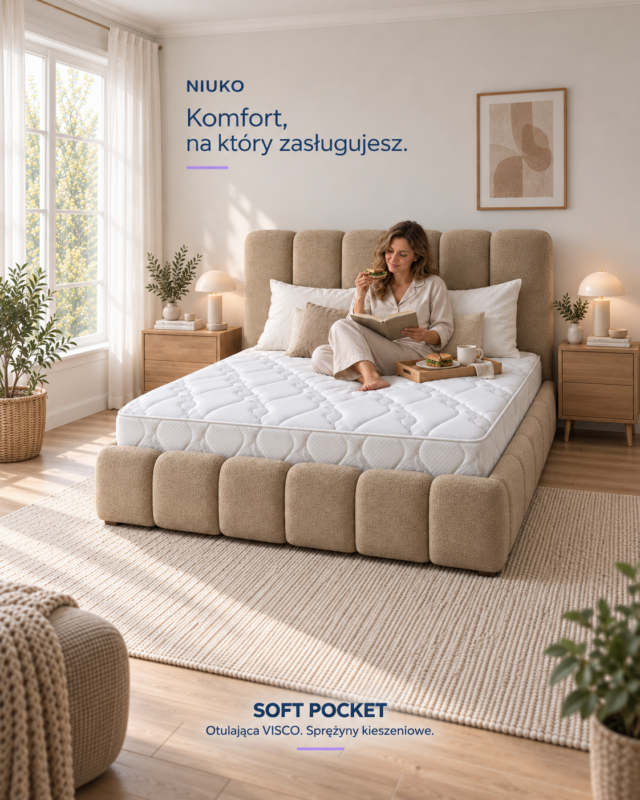 Materac SOFT POCKET na tapicerowanym łóżku w sypialni